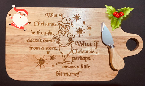 Christmas Grinch themes cheese board with cheese knife.